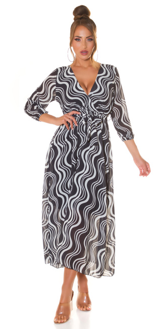 Maxidress with Print and belt to tie Black